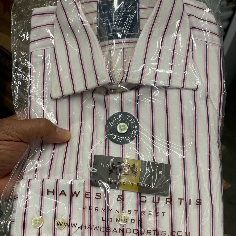Hawes and Curtis Pink/Navy stripe dress shirt Sz 15.5 - Picture 1 of 7